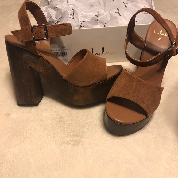 lolita leather cognac suede wooden platform heels